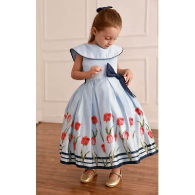 Vestido de Festa Infantil Tulipas Azul